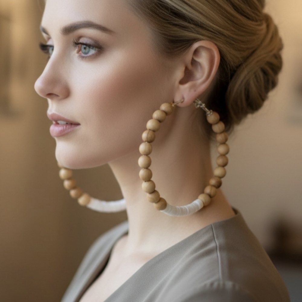Hoop earrings with natural wooden beads, large hoop earrings. 3.0 Inches